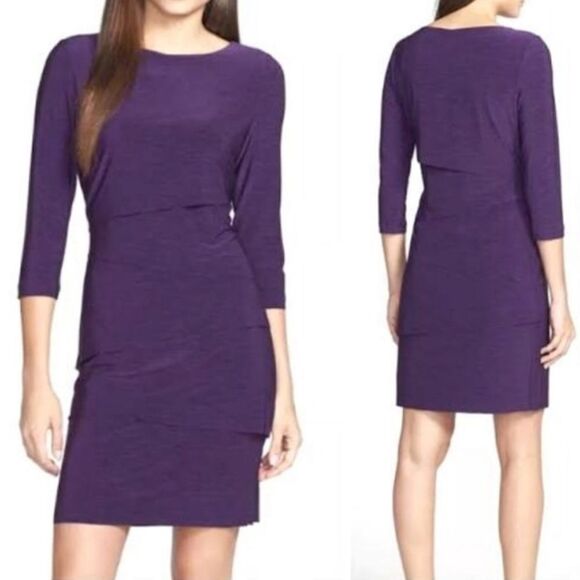 TAHARI Purple Plum Tiered Sheath Dress Matte Jersey MOTB Wedding Party Formal - Picture 2 of 11